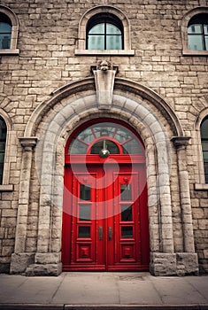 Red ancient old door of gothic cathedral. Generative ai