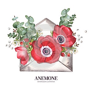 Red anemones, eucalyptus branches, hypricum, eryngium in a vintage envelope. Watercolor illustration. Floral arrangement