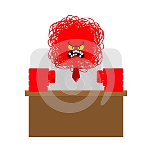 Red angry boss punches table. Office life vector illustration