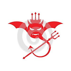 red angry devil head with bat wing and trident fork  logo design
