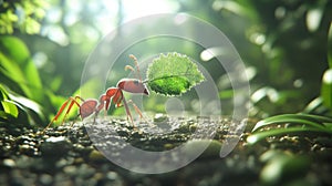 Red Ant Carrying A Green Leaf In A Forest