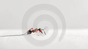 A red ant crawls on a white surface, casting a shadow