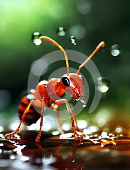 A red ant standing on a wet surface.