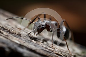 Red ant on wood looking towards us