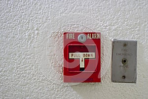 Red antique fire alarm button with white wall