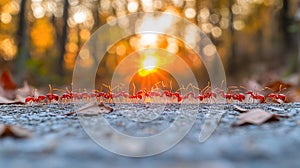 Red ants marching towards the setting sun in a forest