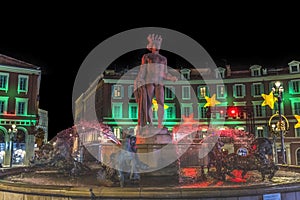 Red Apollo Statue Sun Fountain Plaza Massena Cityscape Nice France