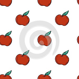 Red apple with black outline cartoon style seamless pattern