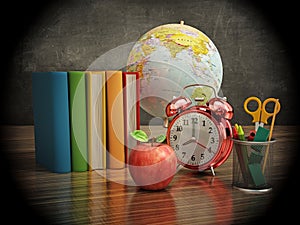 Red apple, books, pencil holder, model globe and alarm clock on green board. 3D illustration