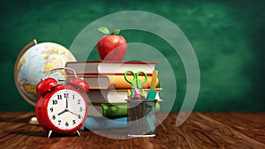 Red apple, books, pencil holder, model globe and alarm clock on green board. 3D illustration