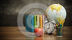 Red apple, books, pencil holder, model globe and alarm clock on green board. 3D illustration