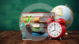 Red apple, books, pencil holder, model globe and alarm clock on green board. 3D illustration