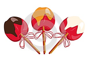 Red apple in caramel and chocolate and sweet sprinkles with stick in it. Simple vector illustration on white background