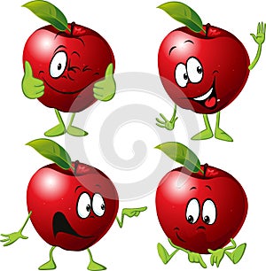 Red apple cartoon with face and hand gesture - vector