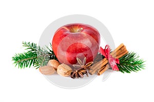 Red apple with christmas spices on white. Apple rustic still life