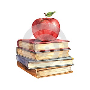 Red Apple on a Colorful Stack of Books, Symbol of Learning and Knowledge