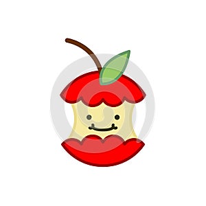 Red apple core cute cartoon. rest of fruit on white background.
