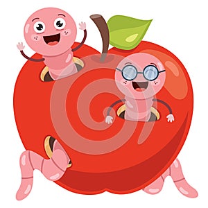 Red Apple And Cute Worm Cartoon