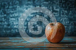 Red apple on desk with math formulas on blackboard in background