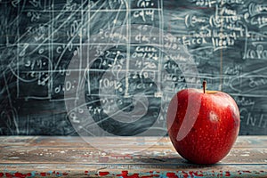 Red apple on desk with math formulas on blackboard in background