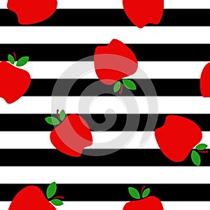 Red apple flat vector illustration with black stripes background seamless pattern