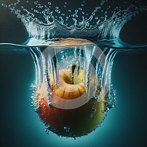 red apple forming a crown of water when falling from above into a source of crystalline and pure water.