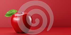 Red Apple with Fresh Green Leaf on Matching Red Background. Healthy Nourishment. Sweet Organic Food. Generative AI