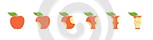 Red apple fruit bite stage set. From whole to apple core gradual decrease. Bitten and eaten. Animation progression. Flat vector photo