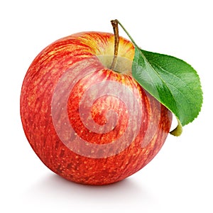 Red apple fruit with green leaf on white