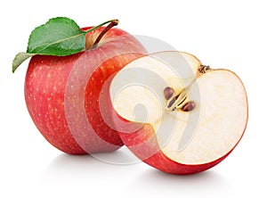 Red apple fruit with half and green leaf isolated on white