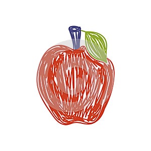Red apple fruit sketch. Color vector illustration. Pen or marker doodle drawing