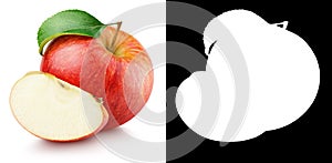 Red apple fruit with slice and green leaf on white