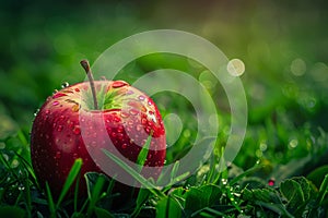 Red apple on grass with small drops of water