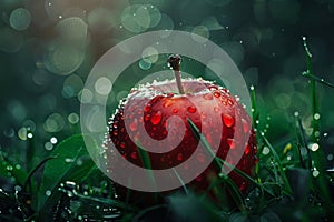 Red apple on grass with small drops of water