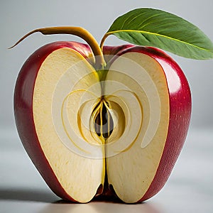 A red apple with a green leaf cut in half, revealing its juicy interior. close-up view