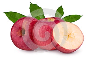 red apple with green leaf and red apple cut slice isolated on a white background