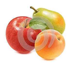 Red apple, green pear and apricot isolated on white background
