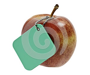 Red apple with green tag