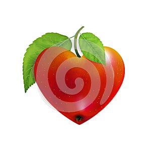 Red apple heart isolated. Modern Valentines love sign. Beautiful fresh fruit. Vector illustration for advertising, packaging, bann