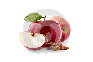 Red apple with leaf clove and almonds on white background