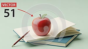 Red apple with leaf placed on an open book with a blue cover