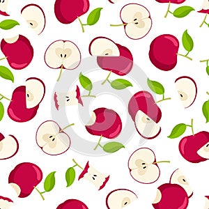 Red apple with leaf seamless pattern. Fruit background with Whole, bitten, cut, core aplle. Flat vector illustration