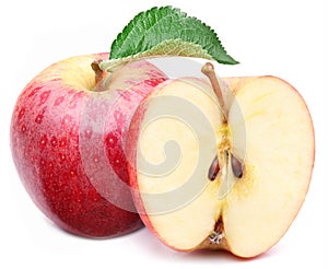 Red apple with leaf and slice.