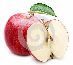 Red apple with leaf and slice.