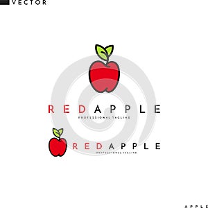 Red apple logo. Isolated fruit with leaves on white background