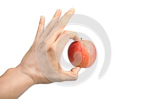 Red apple in a male hand isolated on white background