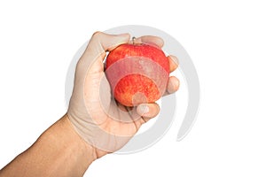 Red apple in a male hand isolated on white background