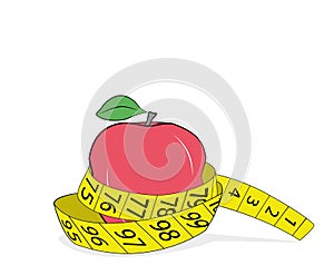 Red apple and measure tape. Illustration on white background. slimming concept. vector illustration.