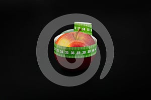 Red Apple and Measuring Tape, Health Diet Food, Weight Loss Concept