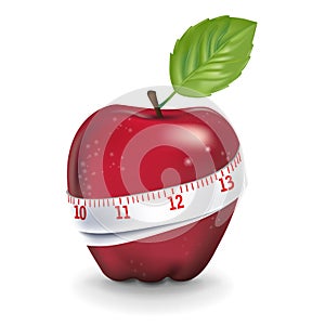 Red apple with measuring tape isolated